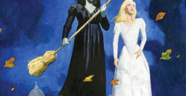 Wicked Graphic Novel Part 1 cover featuring Elphaba dressed in black with her broom and Glinda next to her in white.