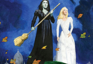 Wicked Graphic Novel Part 1 cover featuring Elphaba dressed in black with her broom and Glinda next to her in white.
